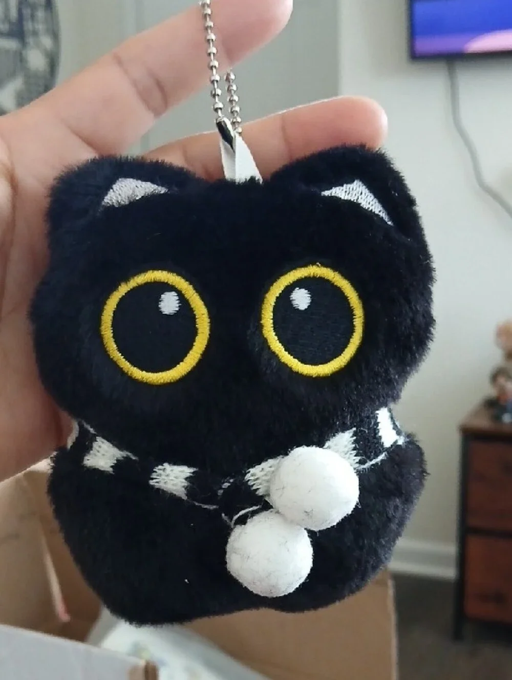 Black Plush Cat Keychain with Yellow Eyes And Scarf